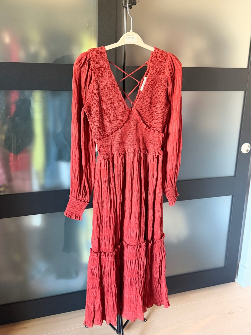 Sea New York Long Sleeve Smocked V-Neck Maxi Dress